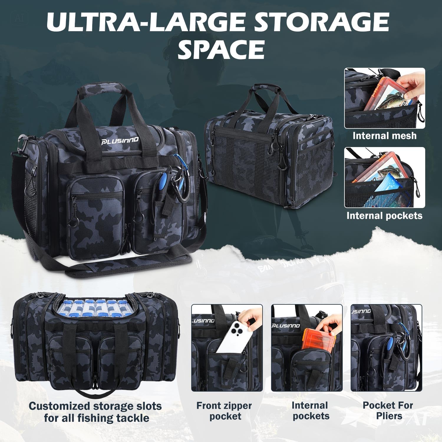 PLUSINNO Tackle Bag - Expandable Fishing Bag for Saltwater & Freshwater - Water Resistant Fishing Gear - Image 3